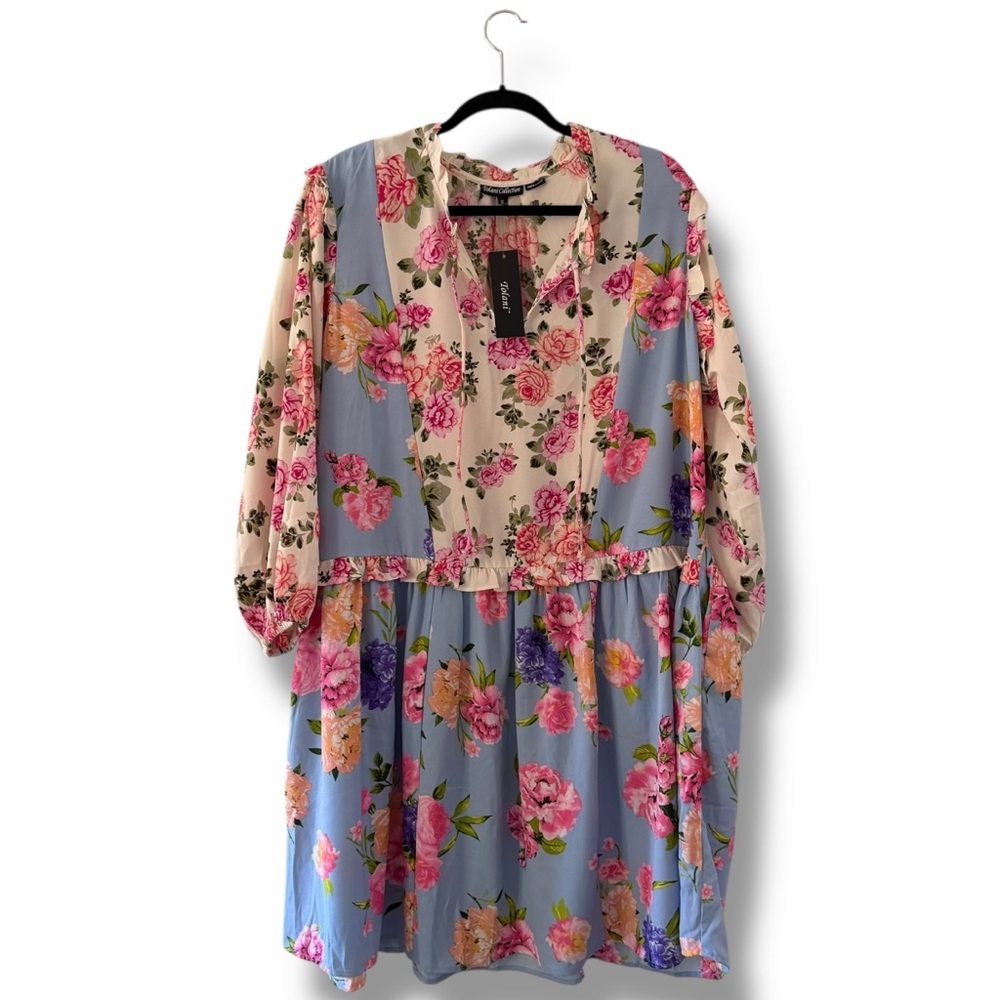 Tolani Floral Patchwork Long Sleeve Dress in Blue and Cream with Pink Roses